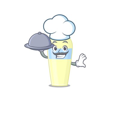 Serum şefinin maskot tasarımı tepside yemek servis ediyor.