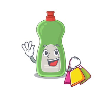 Bulaşık deterjanı, zengin çizgi film karakteri konsepti ve alışveriş torbaları.