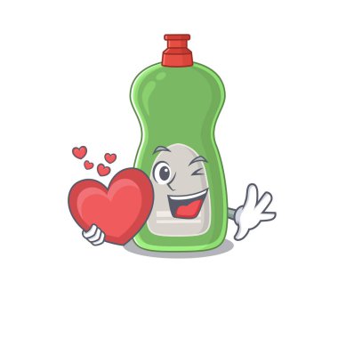 Sevimli bir bulaşık yıkama sıvısı karikatür tasarımı. Kocaman bir kalp taşıyor.