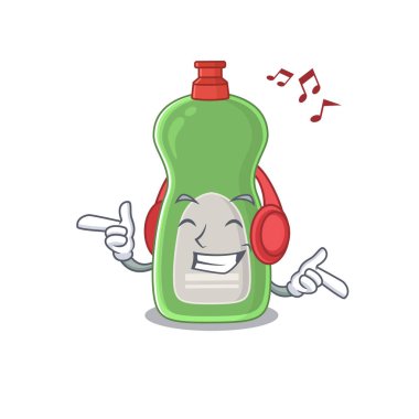 Bulaşık yıkamanın karikatür tasarımı. Kulaklıkla müzik dinlemek.