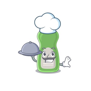 Maskot karakteri tarzı bulaşık yıkama sıvısı şefi tepside yemek servisi yapar.