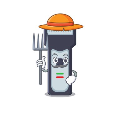 Çiftçi elektrikli traş maskotu tasarımı şapka ile çalışıyor