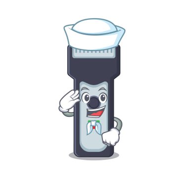 Cesur bir denizci karikatür tasarımı. Elektrikli traş makinesi denize açılmaya hazır.