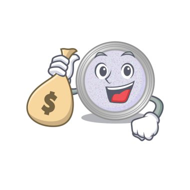 Maskotun para çantaları olan çılgın zengin göz farı tasarımı. Vektör illüstrasyonu