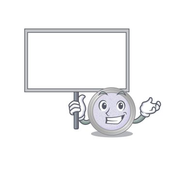 Göz farı maskot tasarımı şeklindeki karikatür resmi bir tahta taşıyor. Vektör illüstrasyonu