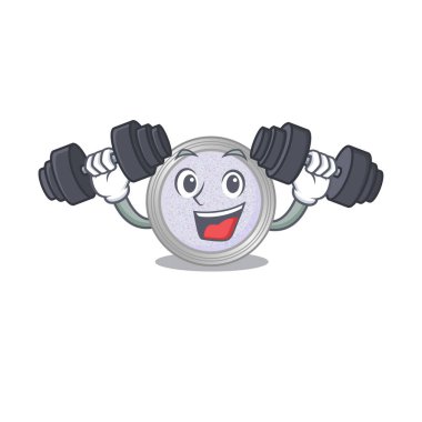 Işıltılı maskot tasarımı egzersiz sırasında halterleri kaldırmaktan mutluluk duyar. Vektör illüstrasyonu