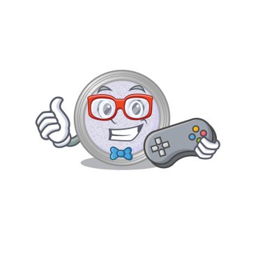 Maskot tasarım stili göz farı oyuncusunun kontrolörle oynaması. Vektör illüstrasyonu