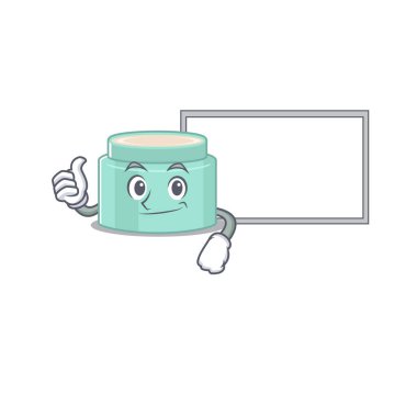 Parmakları havada Lipbalm çizgi film tasarımı beyaz bir tahta getirin. Vektör illüstrasyonu