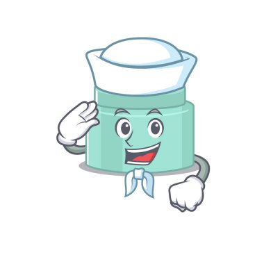 Beyaz şapka ve kravat takan gülen denizci çizgi film karakteri. Vektör illüstrasyonu