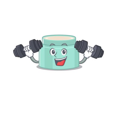 Lipbalm maskot tasarımı egzersiz sırasında halterleri kaldırmaktan mutluluk duyar. Vektör illüstrasyonu