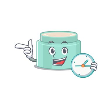 Maskot tasarım tarzı ruj, elinde saatle ayakta duruyor. Vektör illüstrasyonu