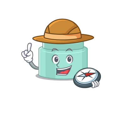 Ormanda pusula kullanan bir maskot tasarımı konsepti. Vektör illüstrasyonu