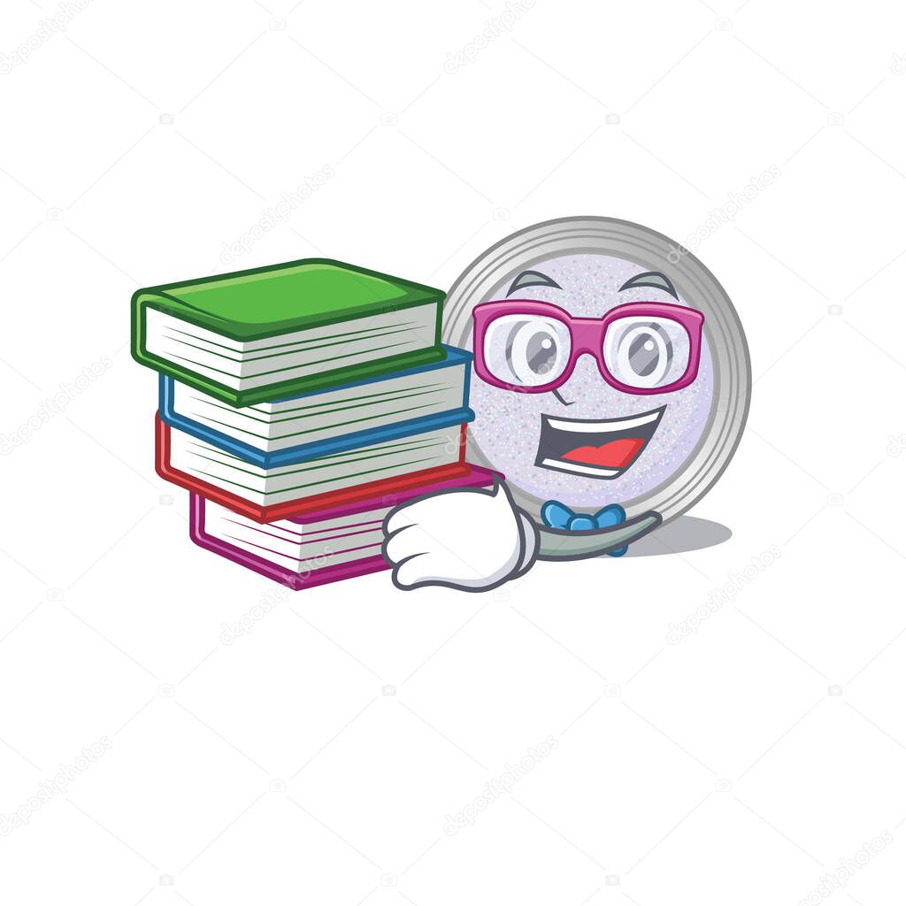 A diligent student in glitter eyeshadow mascot design concept read many books. Vector illustration