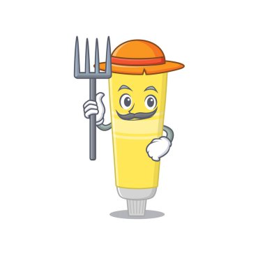 Çiftçi saç boyası maskotu tasarımı şapka ile çalışıyor.