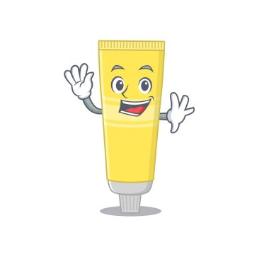 Karizmatik bir saç boyası maskot tasarımı gülümseme ve el sallama