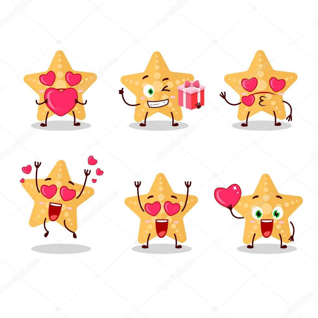Yellow starfish cartoon character with love cute emoticon.Vector illustration