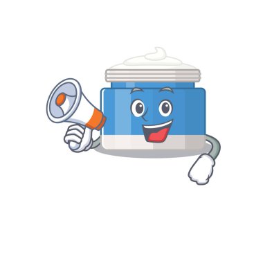 Nemlendirici kremin maskot tasarımı megafonda yeni ürünler duyurdu. Vektör illüstrasyonu