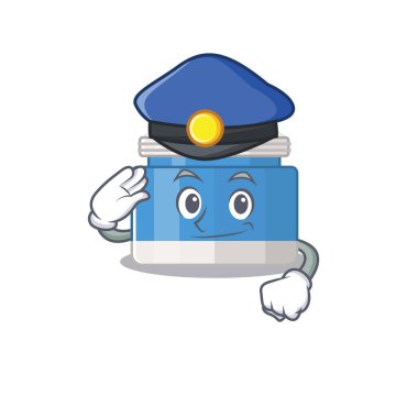 Polis memuru, mavi şapkalı nemlendirici krem çiziyor. Vektör illüstrasyonu