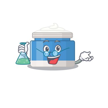 Nemlendirici krem üzerine çalışan zeki profesörün karikatür karakteri. Vektör illüstrasyonu