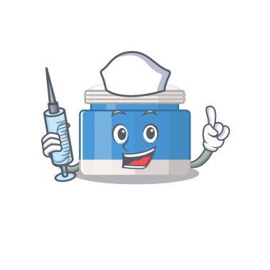 Nemlendirici krem. Mütevazı hemşire maskot tasarımı. Şırıngalı. Vektör illüstrasyonu