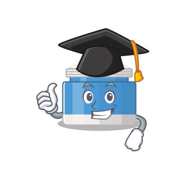 Mezuniyet töreni için şapkalı nemlendirici krem karikatür tasarımından gurur duyuyorum. Vektör illüstrasyonu