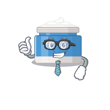 Nemlendirici krem, gözlük ve kravat takan bir iş adamı çizimi. Vektör illüstrasyonu