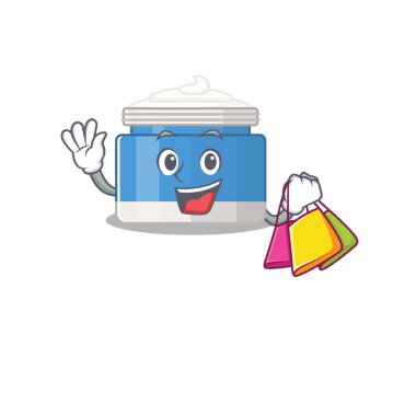 Alışveriş torbalarıyla zengin nemlendirici krem çizgi film karakteri. Vektör illüstrasyonu