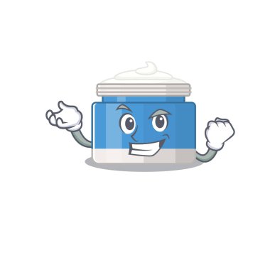 Komik bir çizgi film tasarımı. Nemlendirici krem ve mutlu bir yüz. Vektör illüstrasyonu