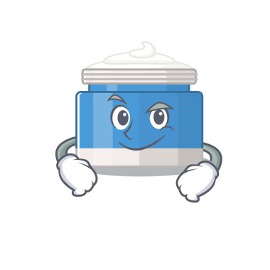 Kendine güvenen nemlendirici kremin şirin, küstah bir karikatür tasarımı. Vektör illüstrasyonu