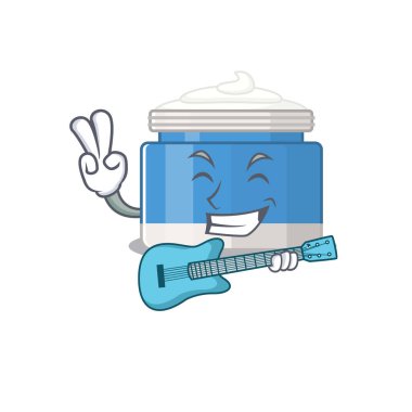 Nemlendirici krem karikatür tasarımında parlak bir müzisyen gitarla müzik çalıyor. Vektör illüstrasyonu