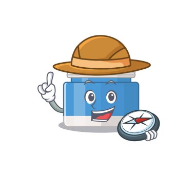 Maskot tasarımı konsepti nemlendirici krem kaşifi ormanda pusula kullanıyor. Vektör illüstrasyonu