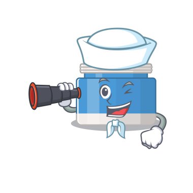 Dürbün kullanan nemlendirici krem denizcinin karikatür resmi. Vektör illüstrasyonu