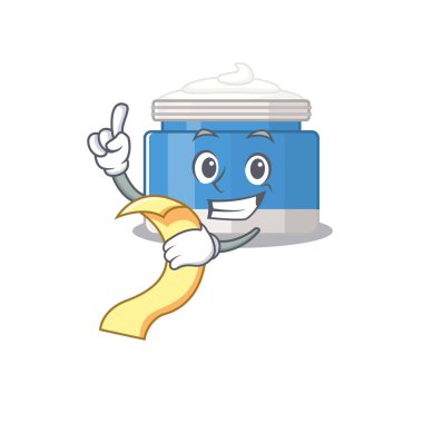 Nemlendirici krem maskot tarzı elinde menü olan bir karakter. Vektör illüstrasyonu