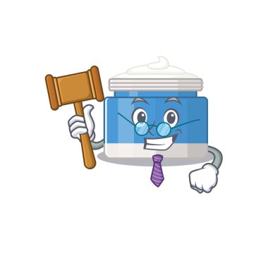 Nemlendirici krem maskot tasarımının bilge bir yargıcı gözlük takıyor. Vektör illüstrasyonu