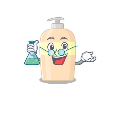 Bir laboratuvar üzerinde çalışan zeki bir profesörün karikatür karakteri. Vektör illüstrasyonu