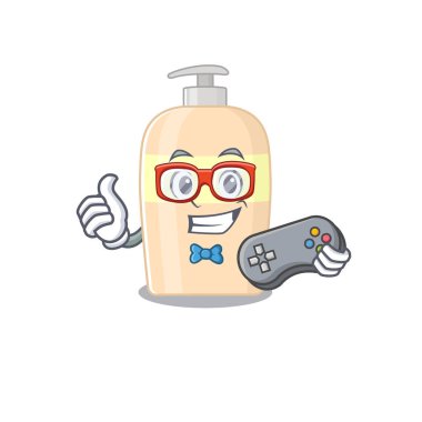 Maskot tasarım tarzı toner oyuncusunun kontrolörle oynaması. Vektör illüstrasyonu