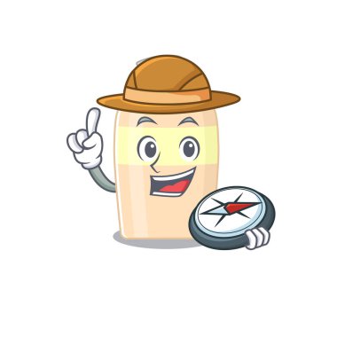 Ormanda pusula kullanan toner kaşifi maskotu tasarımı. Vektör illüstrasyonu