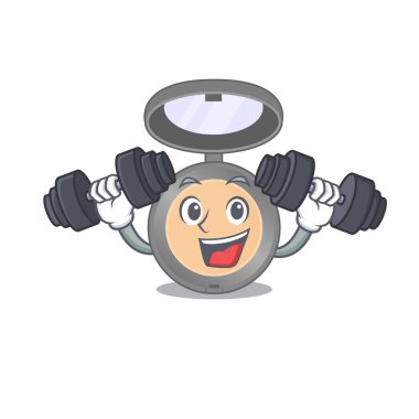 Egzersiz sırasında halterli, kaslı fosforlu maskot tasarımı. Vektör illüstrasyonu