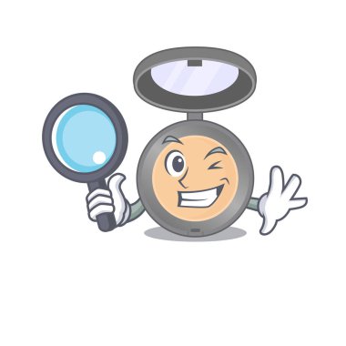 Çizgi film maskotu tasarımı. Fevkalade dedektifin aletlerle davayı çözmesi. Vektör illüstrasyonu