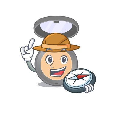 Yolculuk sırasında pusula kullanan bir kaşif maskotu tasarımı. Vektör illüstrasyonu