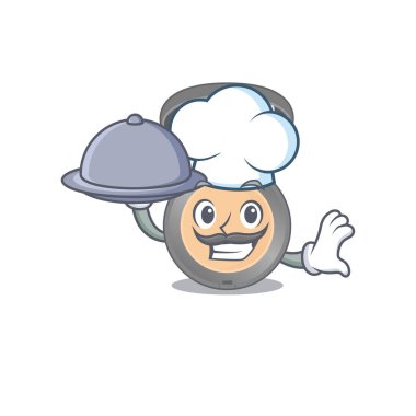 Maskot karakteri stili fosforlu şef tepside yemek servisi yapıyor. Vektör illüstrasyonu