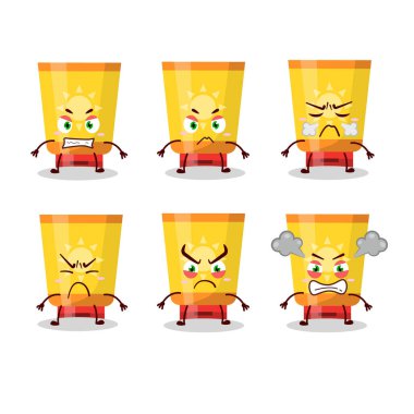 Çeşitli kızgın ifadeleri olan güneş kremi çizgi film karakteri. Vektör illüstrasyonu