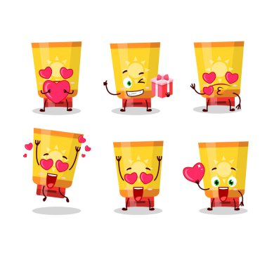 Güneş kremi çizgi film karakteri. Sevgi dolu bir ifade. Vektör çizimi.