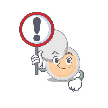 Kavanoz tozu makyajının karikatür simgesi ve ünlem levhası. Vektör illüstrasyonu