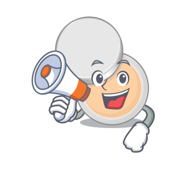 Kavanoz tozu makyaj karton resim stili megafonla duyuru yapıyor. Vektör illüstrasyonu