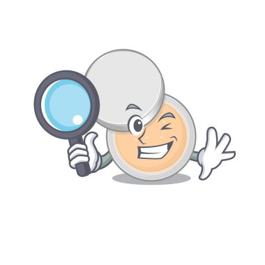 Kavanoz tozu makyaj malzemelerinin maskot tasarımı davayı çözen dedektif aletleri kullandı. Vektör illüstrasyonu