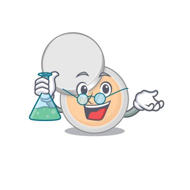 Süper zeki kavanoz tozu makyaj profesörü bir laboratuvar üzerinde çalışan karikatür karakteri. Vektör illüstrasyonu
