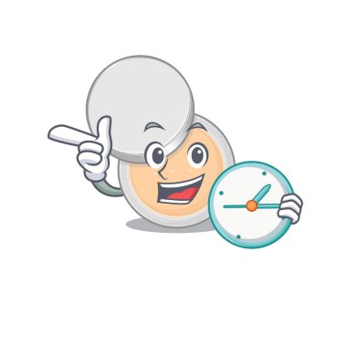 Elinde saat tutan neşeli bir kavanoz tozu resmi. Vektör illüstrasyonu