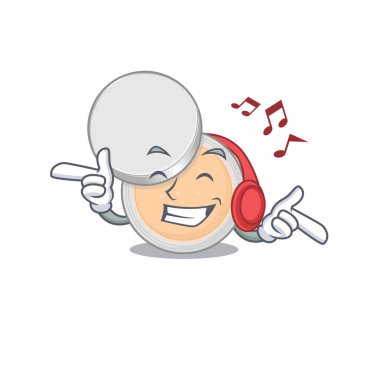 Kulaklıkla müzik dinleyen kavanoz tozu makyajından bir karikatür tasarımı. Vektör illüstrasyonu