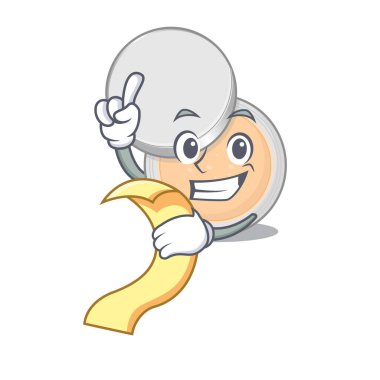 Elinde yiyecek ve içecek menüsü olan maskot tipi kavanoz tozu. Vektör illüstrasyonu